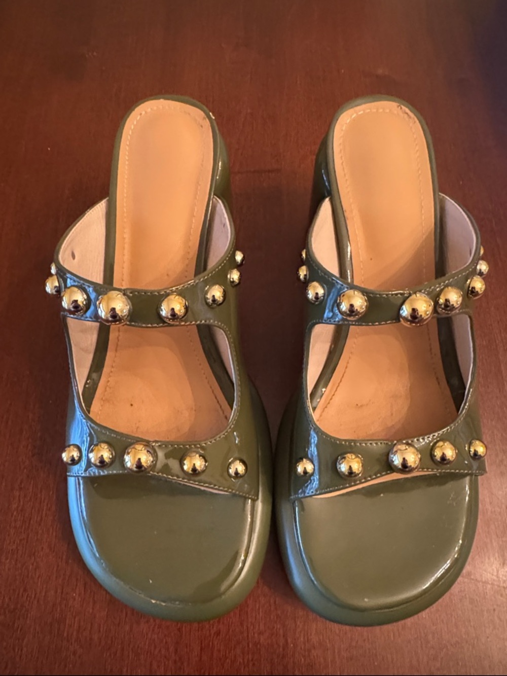 Olive Green Studded Patent Leather Mules